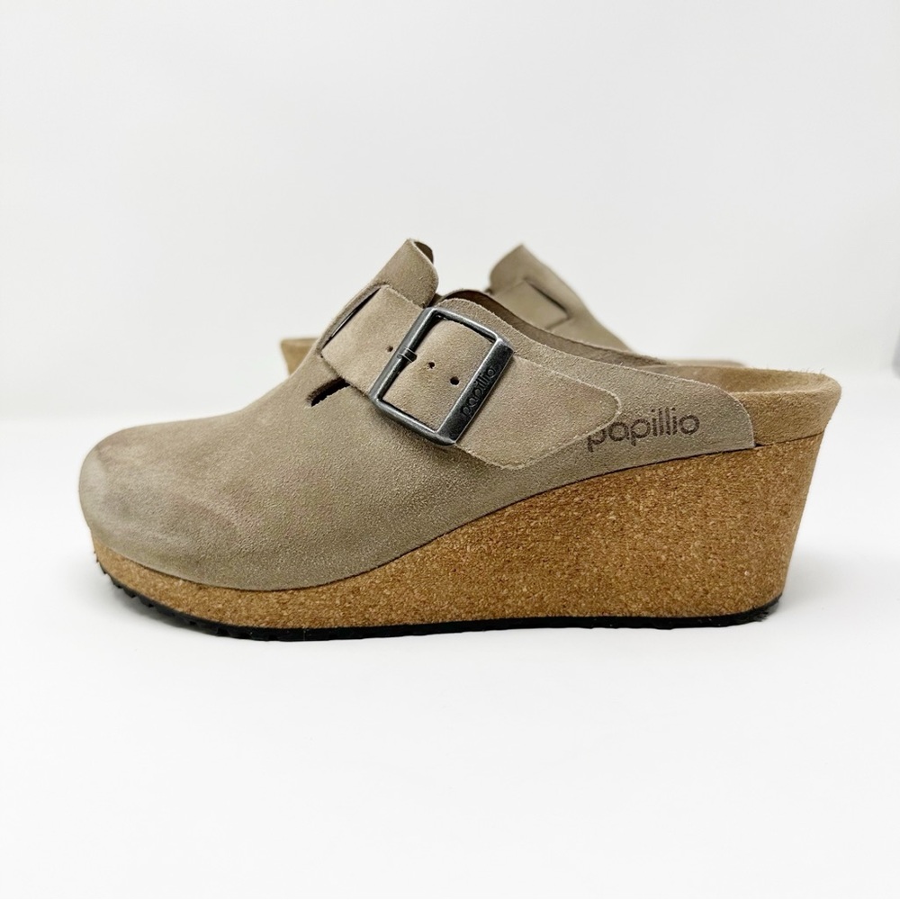 Birkenstock Papillio Fanny Suede Leather Wedge Clogs size 38